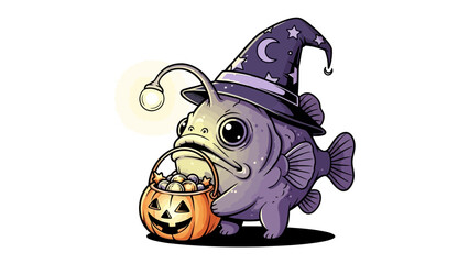 Halloween Angler Fish with Treat: A cute cartoon illustration of an anglerfish with a wizard hat and a jack-o'-lantern basket, playfully embracing the spirit of the holiday. 