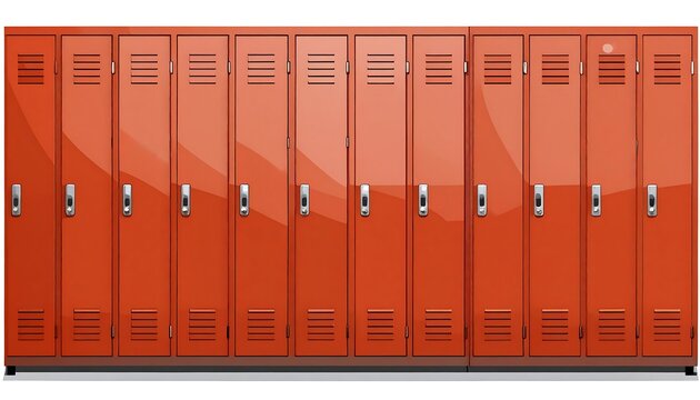 Row of shiny, orange metal lockers against a white background