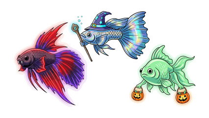 Obraz premium Mystical Marine: A trio of enchanted goldfish showcasing vibrant colors, captivating artistic detail, each fish with unique expression