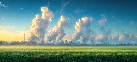 Industrial complex emitting large plumes of smoke into a clear blue sky over a green grassy field at sunrise or sunset