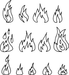 Set of hand-drawn fire and combustion effects for creative design, drawn with black curved lines in grunge style