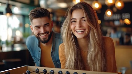 Happy young man and woman smiling and enjoying a game of foosball in a brightly lit casual indoor setting
