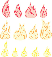 Set of fire and combustion effects, painted red, orange, yellow, drawn with red, orange, and yellow curved lines in grunge style