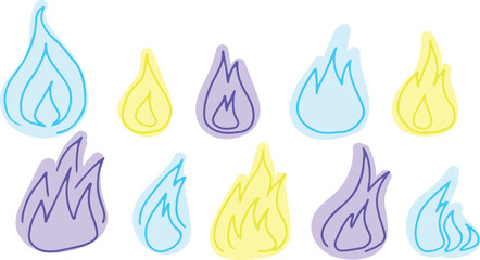 Collection of flames and blazing fire illustrations, painted yellow, blue, drawn with yellow and blue curved lines in grunge style