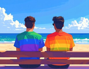 Two men sitting on a bench at the beach, wearing rainbow pride shirts