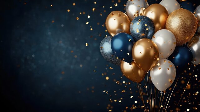 Cluster of metallic gold, white, and dark blue balloons with gold confetti floating against a dark textured background evoking celebration and festivity