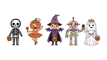 Halloween Costume Illustration: A charming ensemble of Halloween characters, each adorned in a distinctive costume and filled with joyful anticipation.