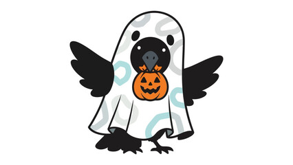 Spooky Crow Carrying a Pumpkin: A playful raven, creatively transformed into a Halloween ghost, joyfully clutches a jack-o'-lantern, perfect for themed design and seasonal decor.