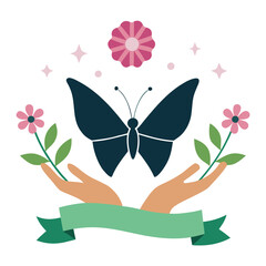 Vector art of a dark blue butterfly with outstretched wings is held by two hands, surrounded by flowers and a decorative ribbon, logo design