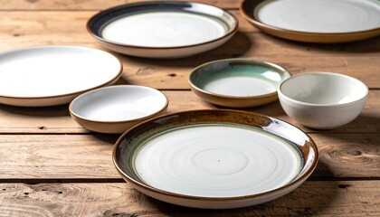Rustic wooden table displays a set of ceramic plates and bowls in varying sizes and muted colors