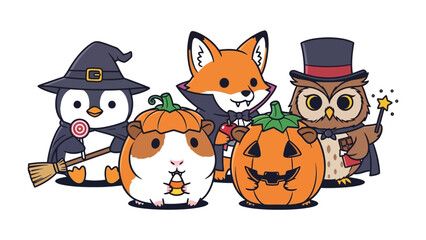 Halloween Companions: A charming gathering of cartoon creatures decked out in Halloween attire.