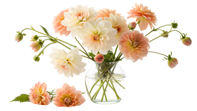 A graceful arrangement of cream and peach flowers cut out on PNG. AI GENERATED. cut out on PNG
