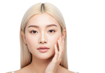 Beautiful asian woman with blonde hair touching her face isolated on transparent background, showcasing her flawless skin and natural beauty