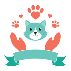 Vector art of cute teal cat face with coral hands and paw prints, logo design