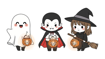 Halloween Trio: A delightful trio of cartoon characters, including a playful ghost, a sophisticated vampire, and a charming witch, each holding a glowing pumpkin-shaped lantern.