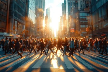 Obraz premium Crowded city street with diverse group of people walking across crosswalk during golden sunset with tall buildings and long shadows