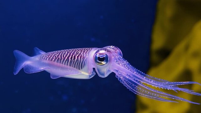 Cuttlefish Swimming in Deep Blue Ocean Water with Yellow Seaweed Background