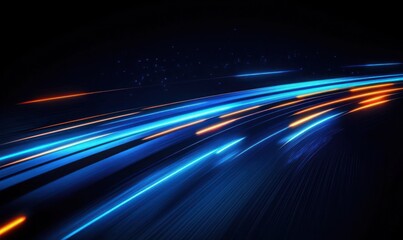 Dynamic streaks of bright blue and orange light trails on a dark background conveying speed and futuristic motion