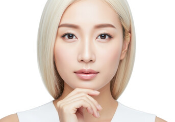 Closeup portrait of a beautiful asian woman with fair skin isolated on transparent background, showcasing flawless complexion and natural beauty