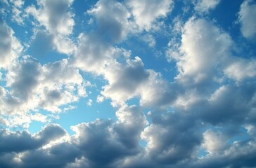 Obraz premium Bright blue sky filled with scattered fluffy white and gray clouds creating a dynamic and peaceful atmosphere