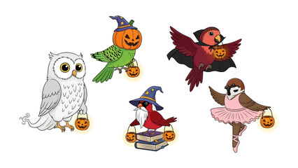 Whimsical Halloween Birds: A charming group of uniquely dressed birds celebrate Halloween with spooky costumes, showcasing festive joy and holiday spirit.