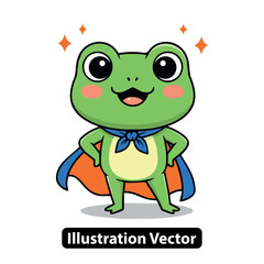 Adorable green cartoon frog character wearing a blue superhero cape and a charming smile