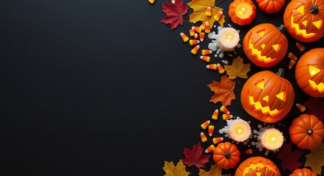 Halloween arrangement featuring carved pumpkins, candy corn, candles, and colorful autumn leaves on a dark background.