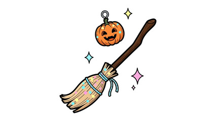 Halloween Magic: Enchanting illustration featuring a smiling pumpkin and whimsical broom, perfect for adding a touch of Halloween magic to your project.