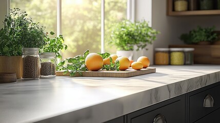 Sunlit kitchen countertop with fresh herbs, citrus fruits on a wooden cutting board, glass jars filled with spices, and a bright window with greenery outside