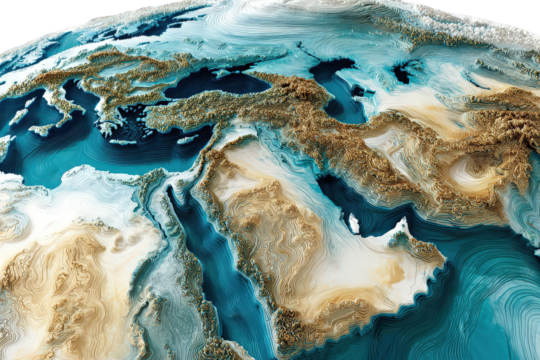 Abstract 3D Topographical Earth Model with Blue Water and Beige Land Mass in Rendered Pixel Art Style on Transparent Background Represents Global Land Elevation