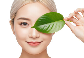 Beautiful asian woman with leaf covering her eye isolated on transparent background, symbolizing natural beauty and ecofriendly skincare