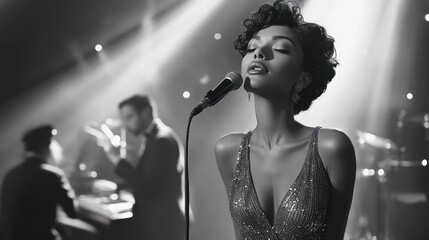 Confident female jazz singer performing passionately on stage with eyes closed, accompanied by musicians playing piano and trumpet in soft spotlight