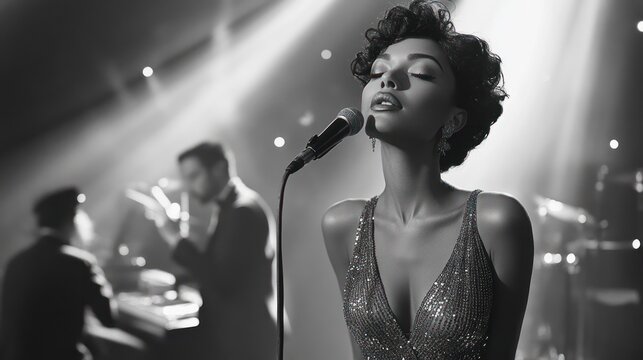 Confident female jazz singer performing passionately on stage with eyes closed, accompanied by musicians playing piano and trumpet in soft spotlight