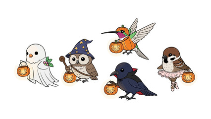Whimsical Halloween Birds : A collection of enchanting birds dressed in creative Halloween costumes, each holding a glowing lantern, spreading festive cheer.
