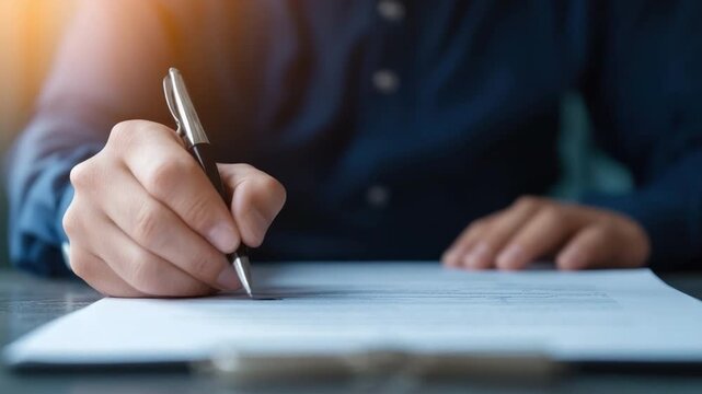 Person writing notes with a pen on document in office setting with warm light, focus on hand and writing instrument 4k video footage