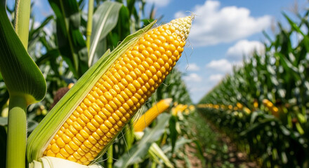 Closeup of a ripe ear of corn in a field on a sunny day
