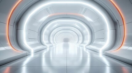Fototapeta premium Futuristic white corridor with curved walls illuminated by bright white and orange neon lights creating a sleek, clean, and modern atmosphere