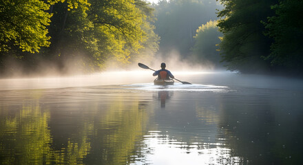 Kayaker paddling on misty lake at sunrise, enjoying peaceful morning adventure in nature's beauty