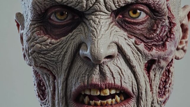 Realistic makeup transformation of a zombie character showcasing intricate skin details and unique features