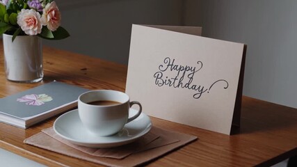 Celebration of a special day with a birthday card and coffee on a cozy table