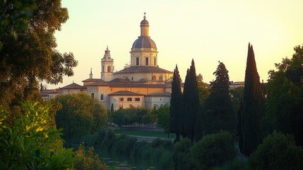 Obraz premium Historic cathedral with domed roof and towers surrounded by tall cypress trees and lush greenery along a riverbank at sunset