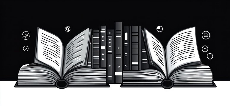 Black and white illustration of several open books in front of vertical closed books with small symbolic icons floating around, evoking knowledge and information