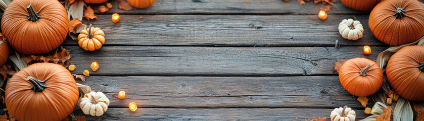 Fototapeta premium Thanksgiving pumpkins and candles on wooden sign background create warm festive autumn atmosphere with leaves and cozy lighting