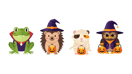 Halloween Critters' Costume: Cute animal illustration dressed up in Halloween attire holding pumpkin bucket, embodying the holiday's spirit.