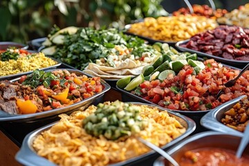 Colorful buffet with a variety of fresh and cooked dishes including chopped vegetables, greens, tortilla wraps, lime wedges, and savory prepared foods in metal trays