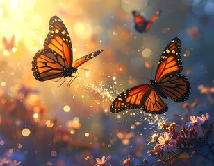 Two Monarch butterflies in flight, surrounded by glowing light and flowers