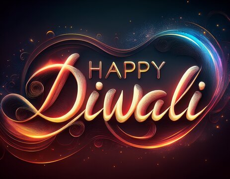 Vibrant Happy Diwali greeting in glowing calligraphy, illuminated by festive golden and blue light trails for joyful holiday celebrations. - Powered by Adobe
