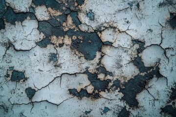 close-up of cracked and peeling paint on a weathered surface showing textures of deterioration and aging