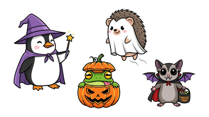 Halloween Characters Celebration: A collection of adorable illustrations showcase the spirit of Halloween, featuring a charming penguin in a wizard costume, a whimsical hedgehog in a ghost sheet.