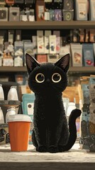 A cute soft black cartoon kitten character is having a coffee cup